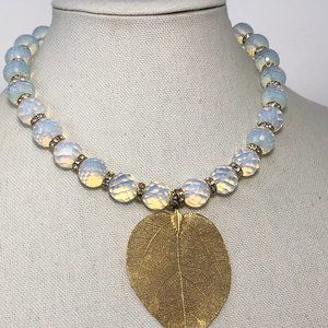 Opalite Crystal Necklace with gold dipped Leaf Pendant